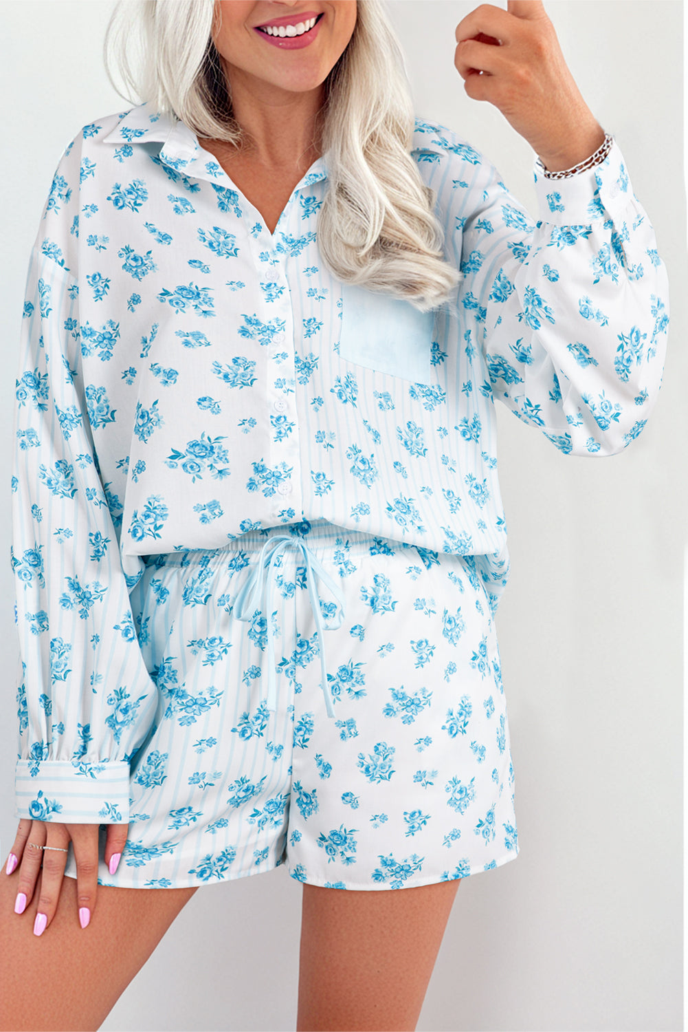 Sky Blue Floral Striped Print Contrast Patched Pocket Shirt and Shorts Set