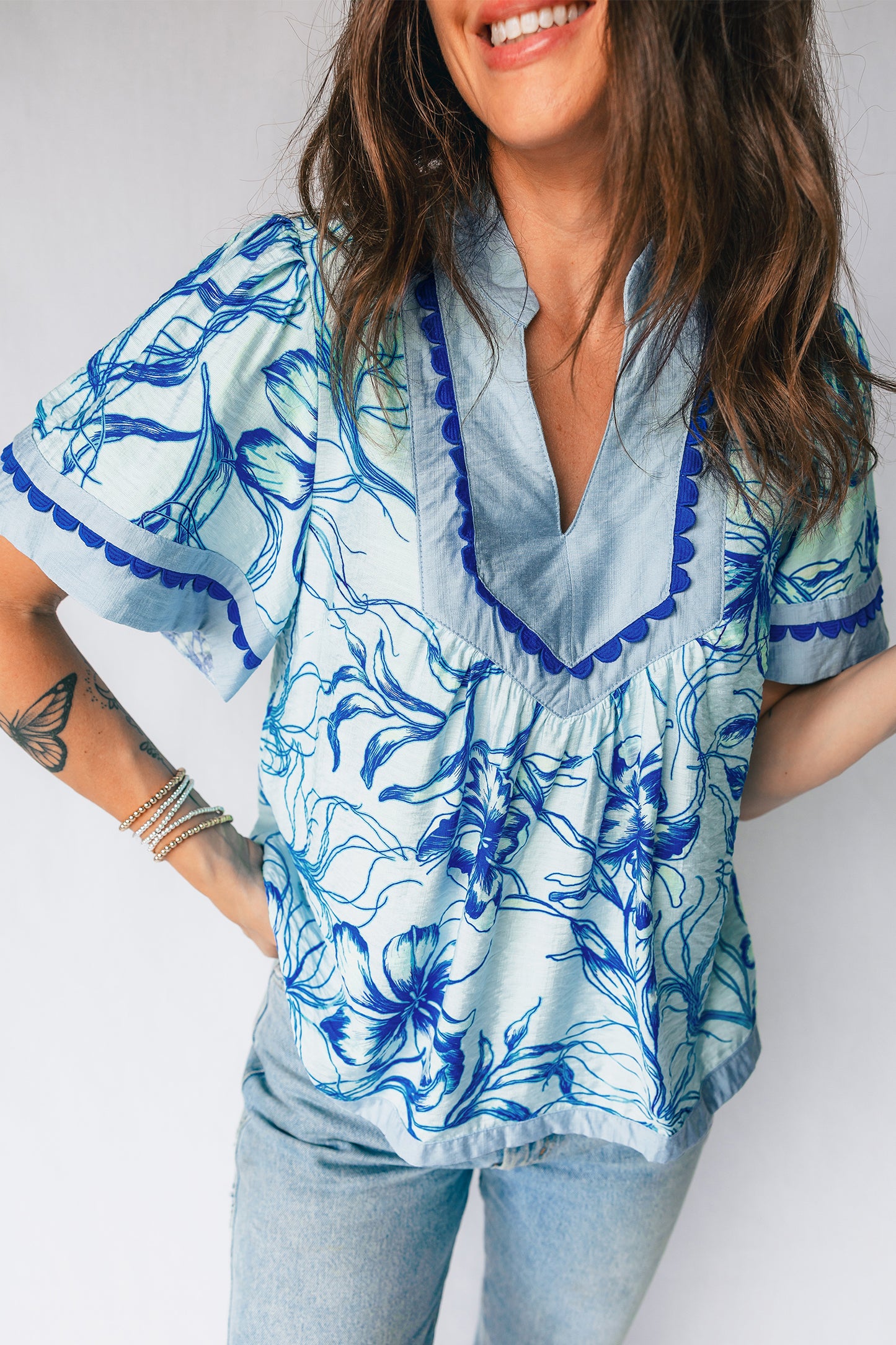 Sky Blue Ricrac Trim Slit V Neck Short Sleeve Floral Blouse