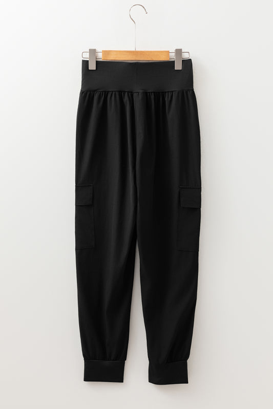 Black Elastic High Waist Pocketed Cargo Jogger Pants