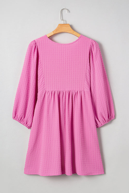 Sachet Pink Plus Size Textured Tie Split Neck Puff Sleeve Flowy Mini Dress