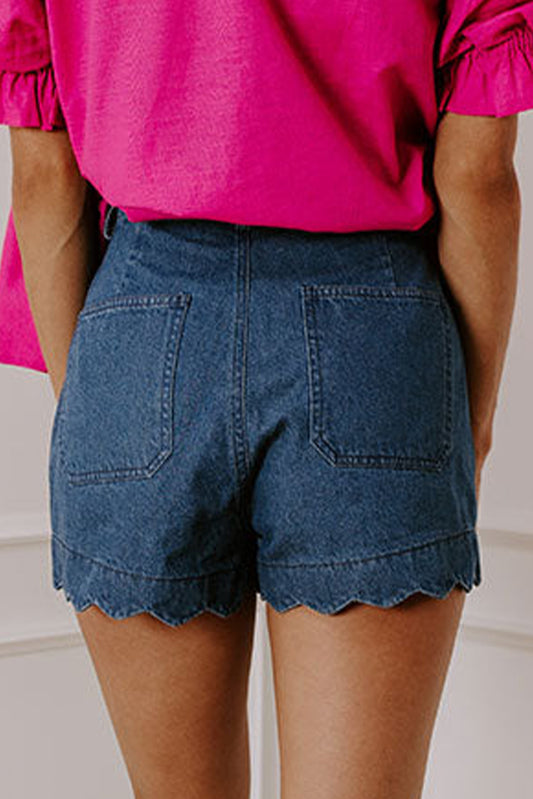 Sail Blue Scalloped Hemline Acid Wash High Waist Denim Shorts