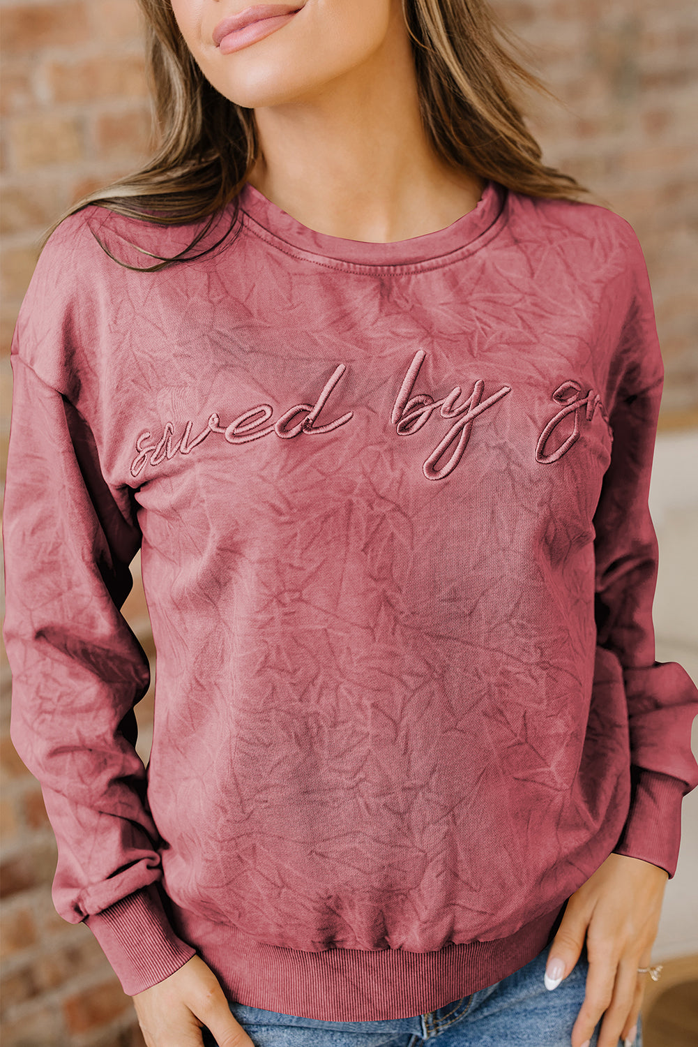 Real Teal saved by grace Letter Embroidery Mineral Wash Loose Sweatshirt
