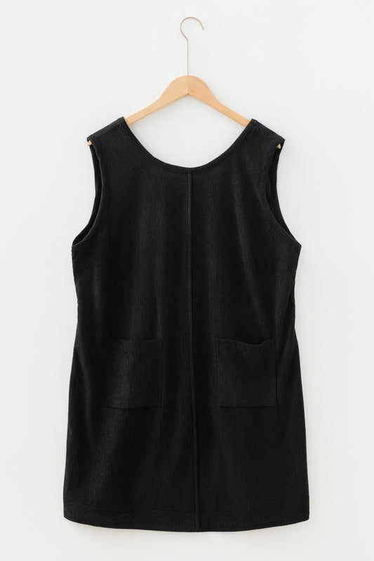 Black Plus Size Corduroy Patch Pocket Sleeveless Mini Dress