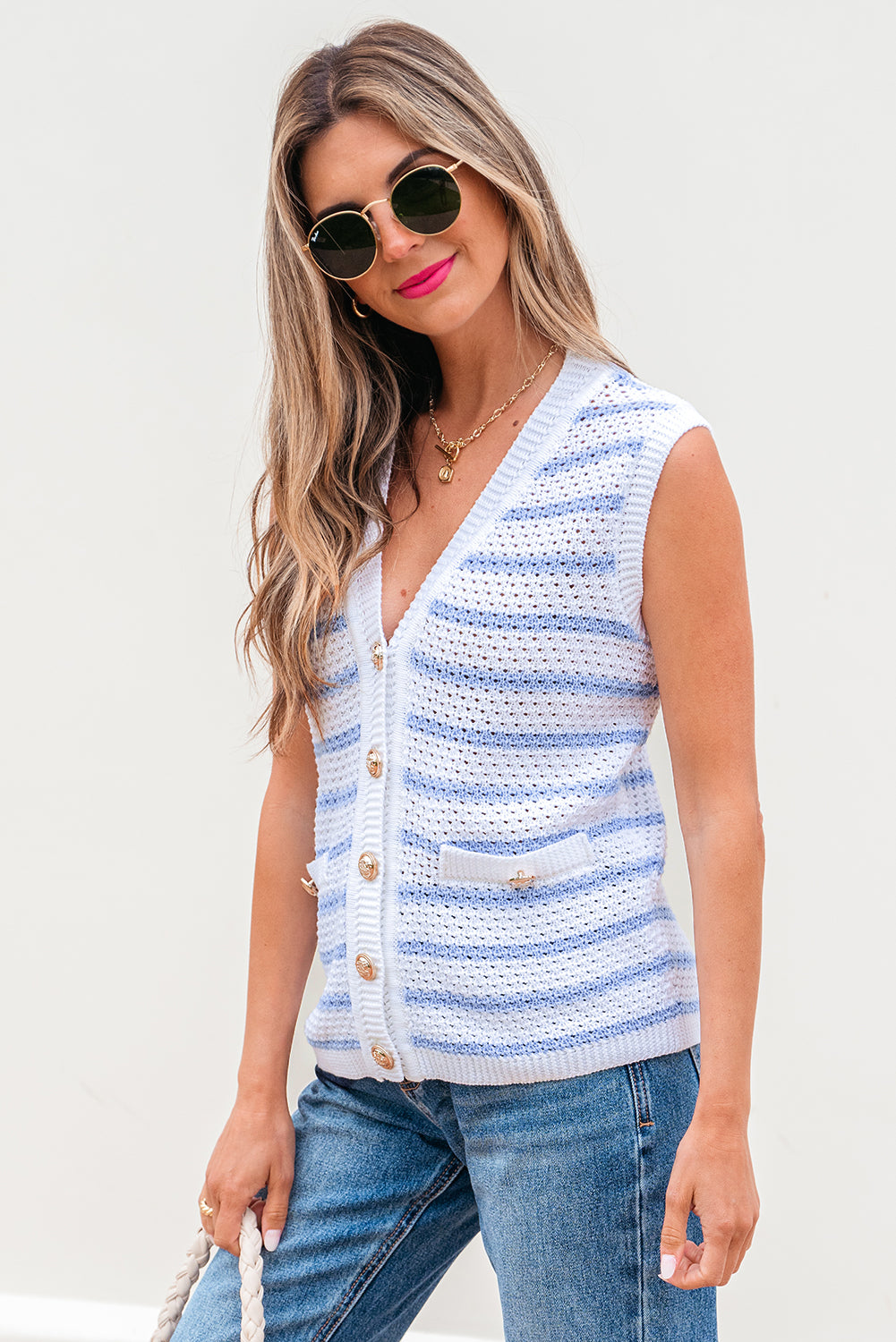 Black Stripe V Neck Gold Buttons Elegant Sweater Vest