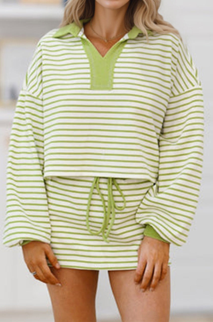 Green Stripe Collared V Neck Drop Shoulder Pullover and Skort 2pcs Outfit