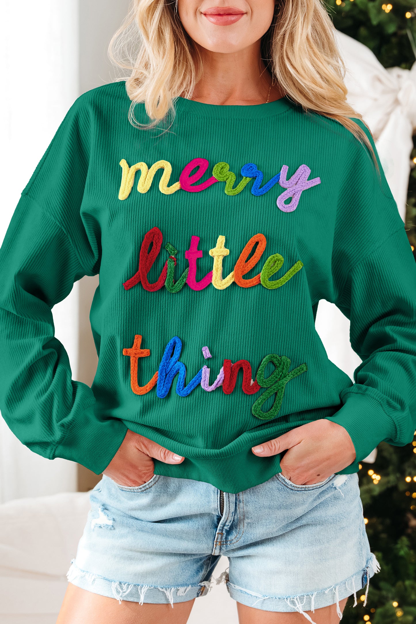 Beige merry little thing Corded Letter Graphic Ribbed Loose Sweatshirt