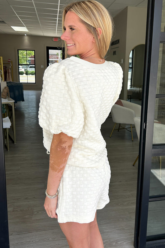 White Solid Color Checkered Texture Short 2pcs Outfit