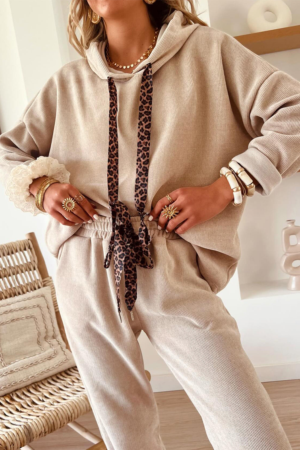 Parchment Leopard Drawstring Pullover Hoodie and High Waist Pants Corduroy Suit