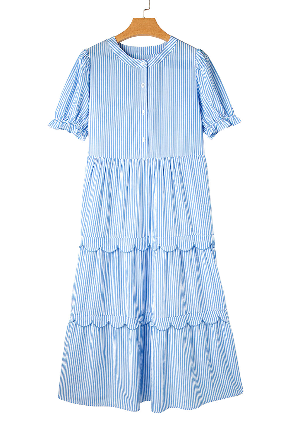 Sky Blue Stripe Bubble Short Sleeve Tiered Scallop Long Dress