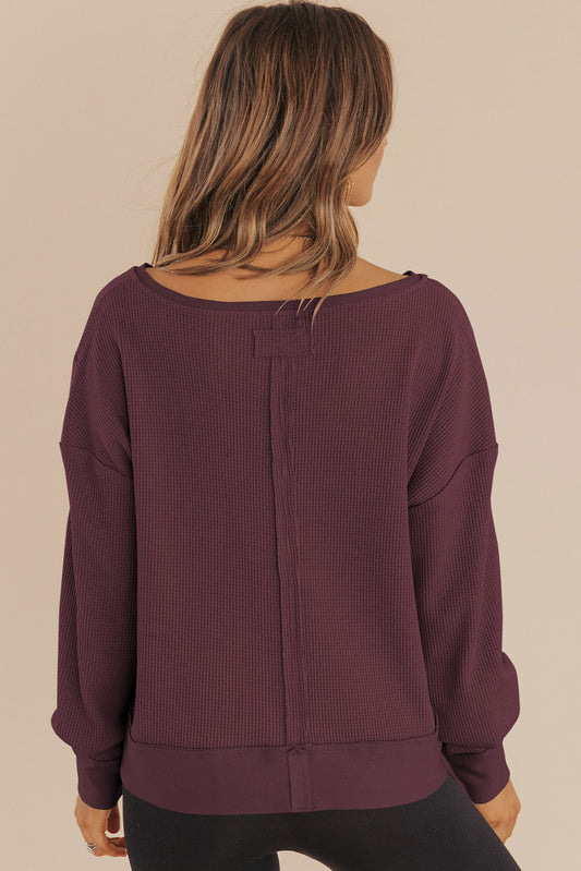 Casual Waffle Knit Notched V Neck Drop Shoulder Solid Sweatshirt