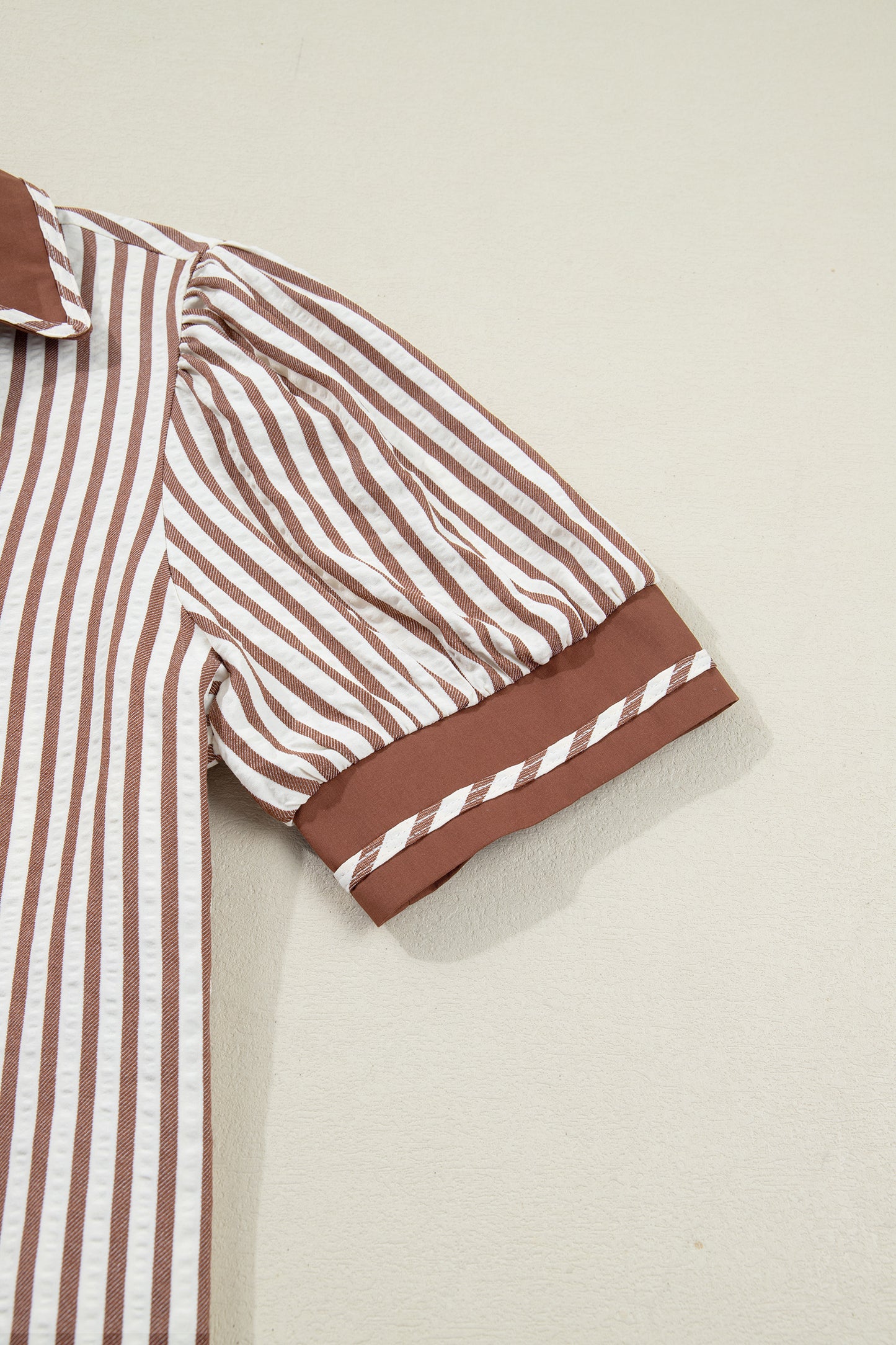 Khaki Stripe Collared Split Neck Short Bubble Sleeve Blouse