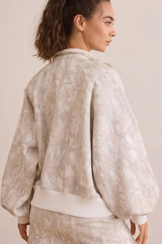 White Abstract Woodland Print Balloon Sleeve Pullover Drawstring Mini Skort Set