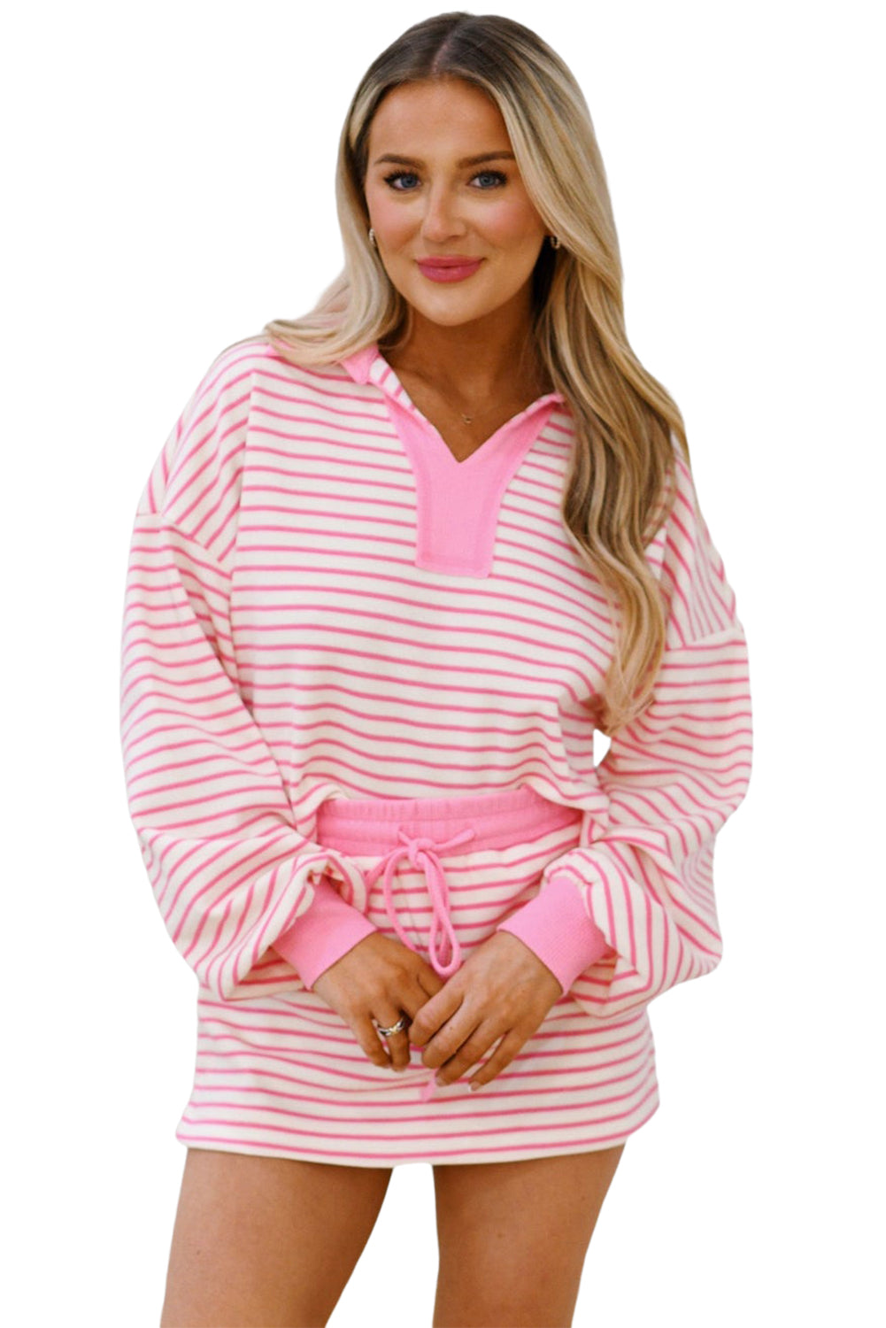 Green Stripe Collared V Neck Drop Shoulder Pullover and Skort 2pcs Outfit