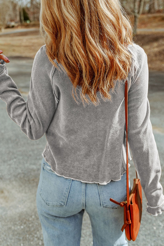 Gray Textured Round Neck Long Sleeve Top