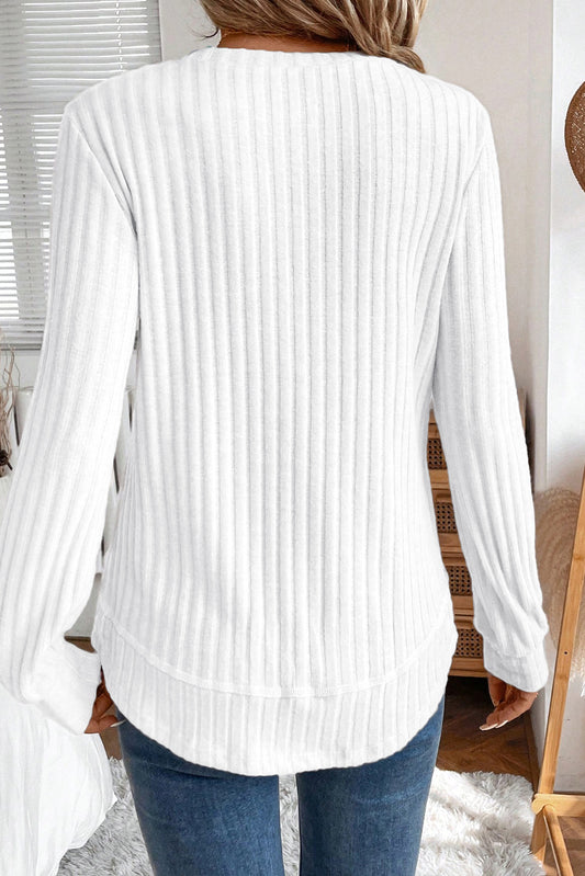 White Ribbed Texture Round Neck Long Sleeve Rounded Hem Knit Top