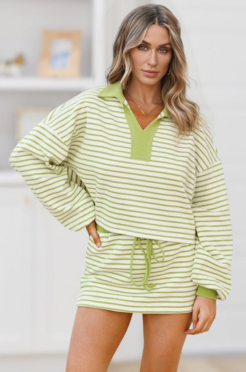 Green Stripe Collared V Neck Drop Shoulder Pullover and Skort 2pcs Outfit