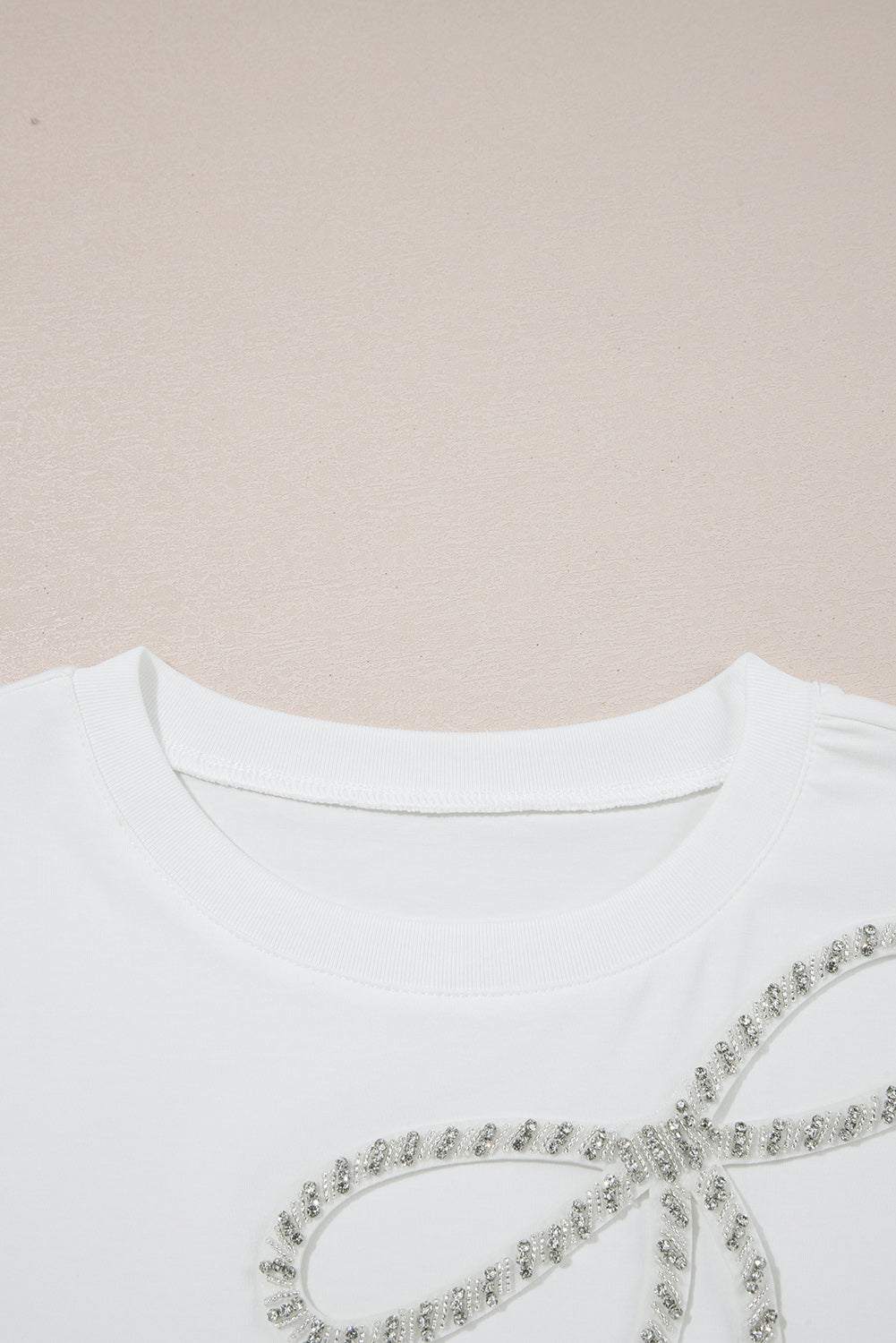 White Rhinestone Bow Embellished Round Neck Tee