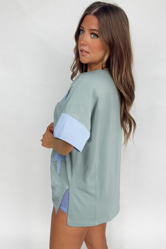 Smoke Green Frayed Denim Star Patched Oversize T Shirt