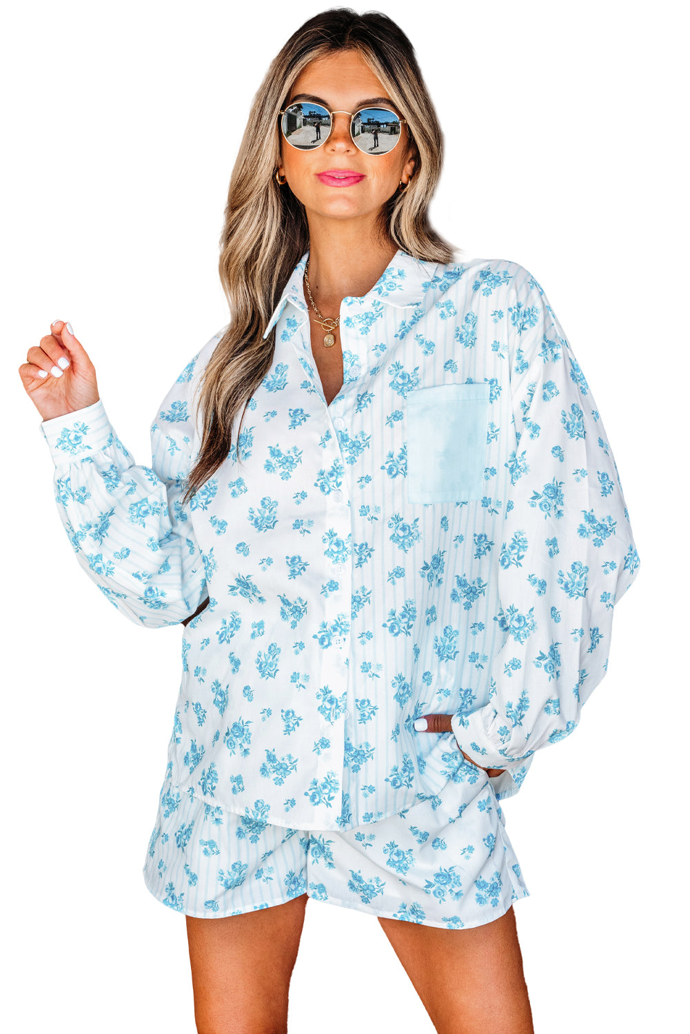 Sky Blue Floral Striped Print Contrast Patched Pocket Shirt and Shorts Set