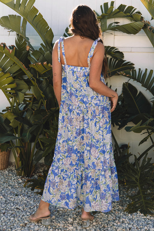 Sky Blue Floral Print Self-tie Straps Flowy Ruffle Long Dress