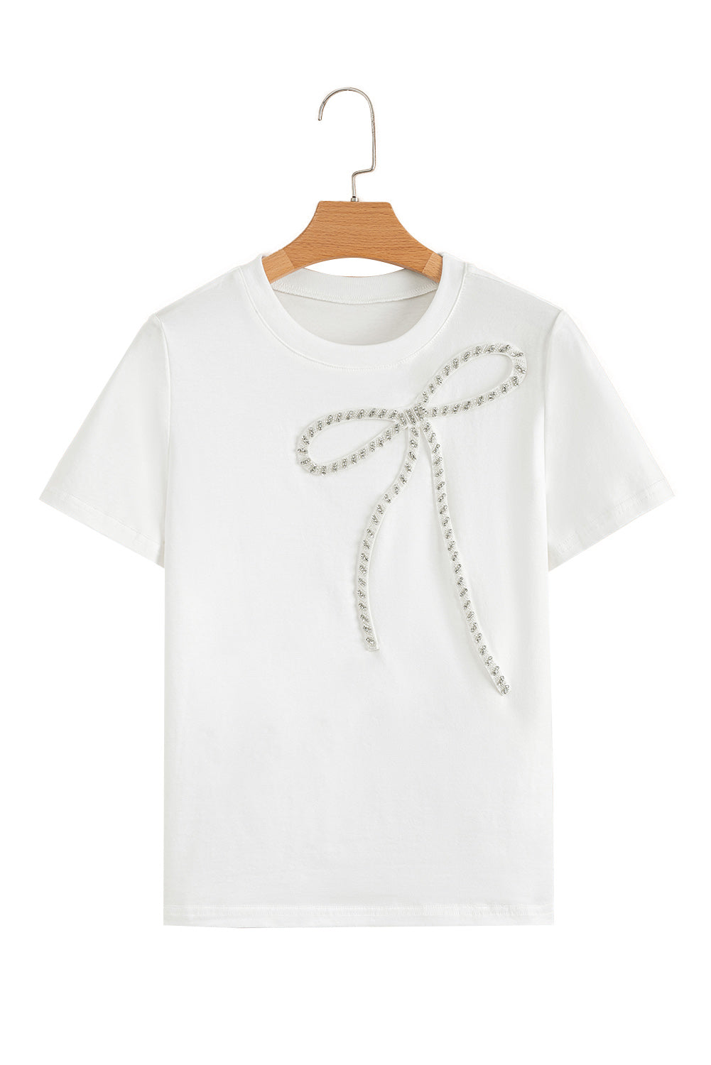 White Rhinestone Bow Embellished Round Neck Tee