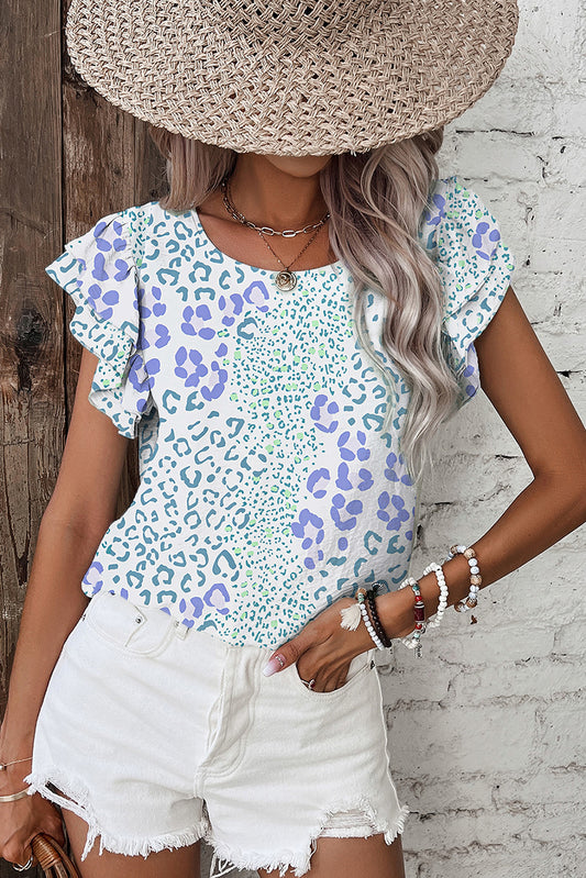 Sky Blue Leopard Layered Ruffle Short Sleeve Casual Blouse
