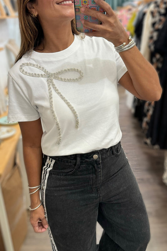 White Rhinestone Bow Embellished Round Neck Tee