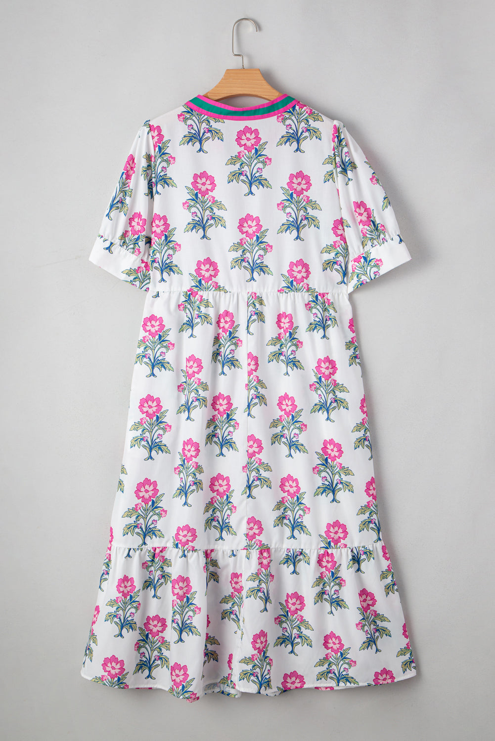 White Allover Print Contrast Split Neckline Short Puff Sleeve Curvy Dress