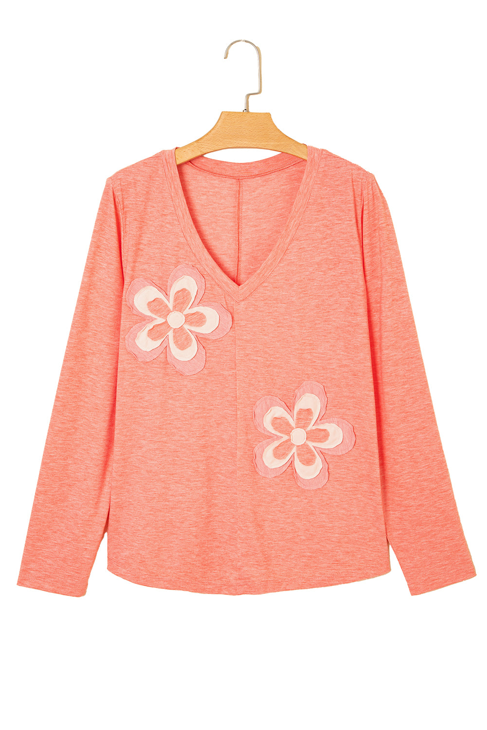 Fresh Salmon Floral Patchwork V Neck Long Sleeve T Shirt