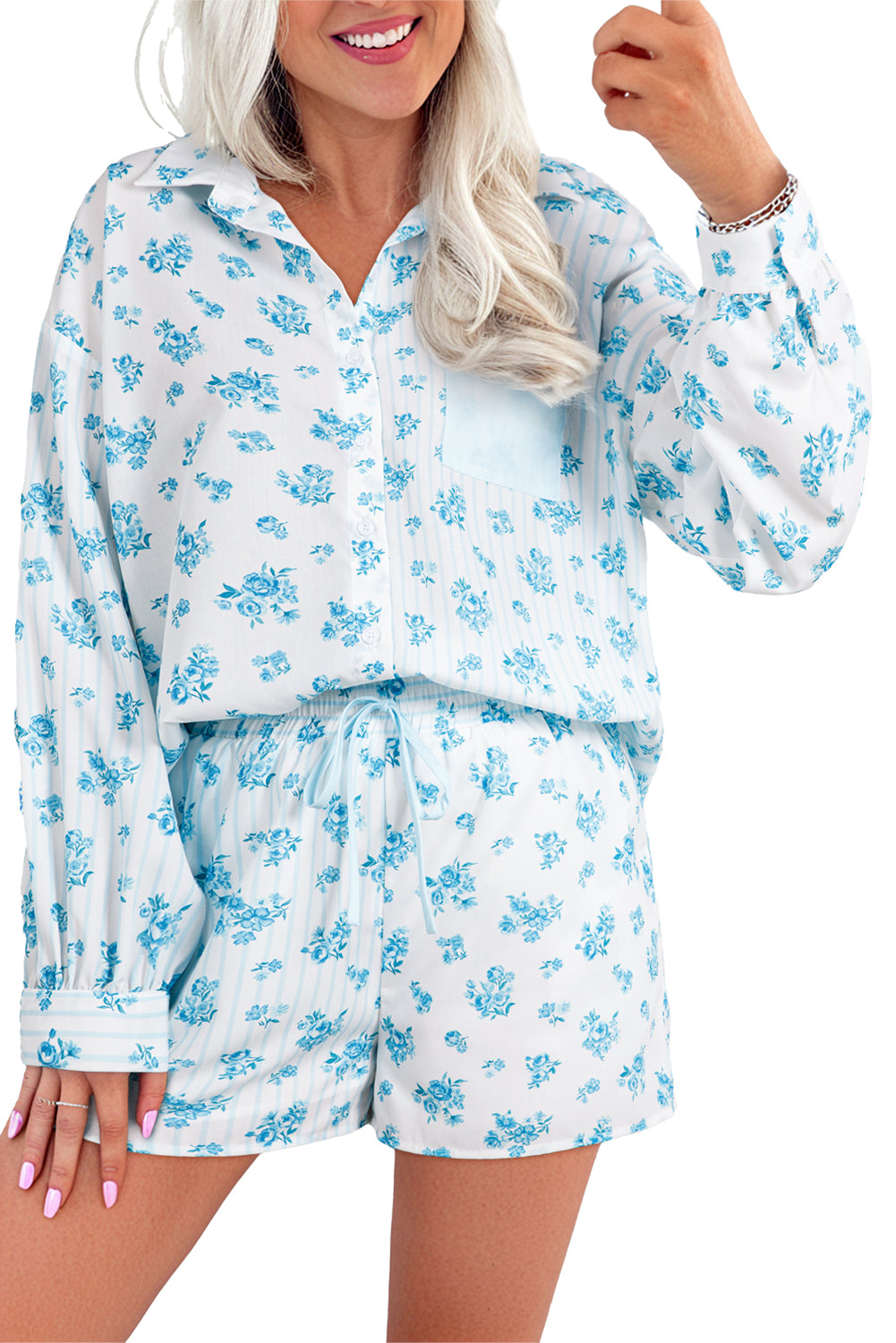 Sky Blue Floral Striped Print Contrast Patched Pocket Shirt and Shorts Set