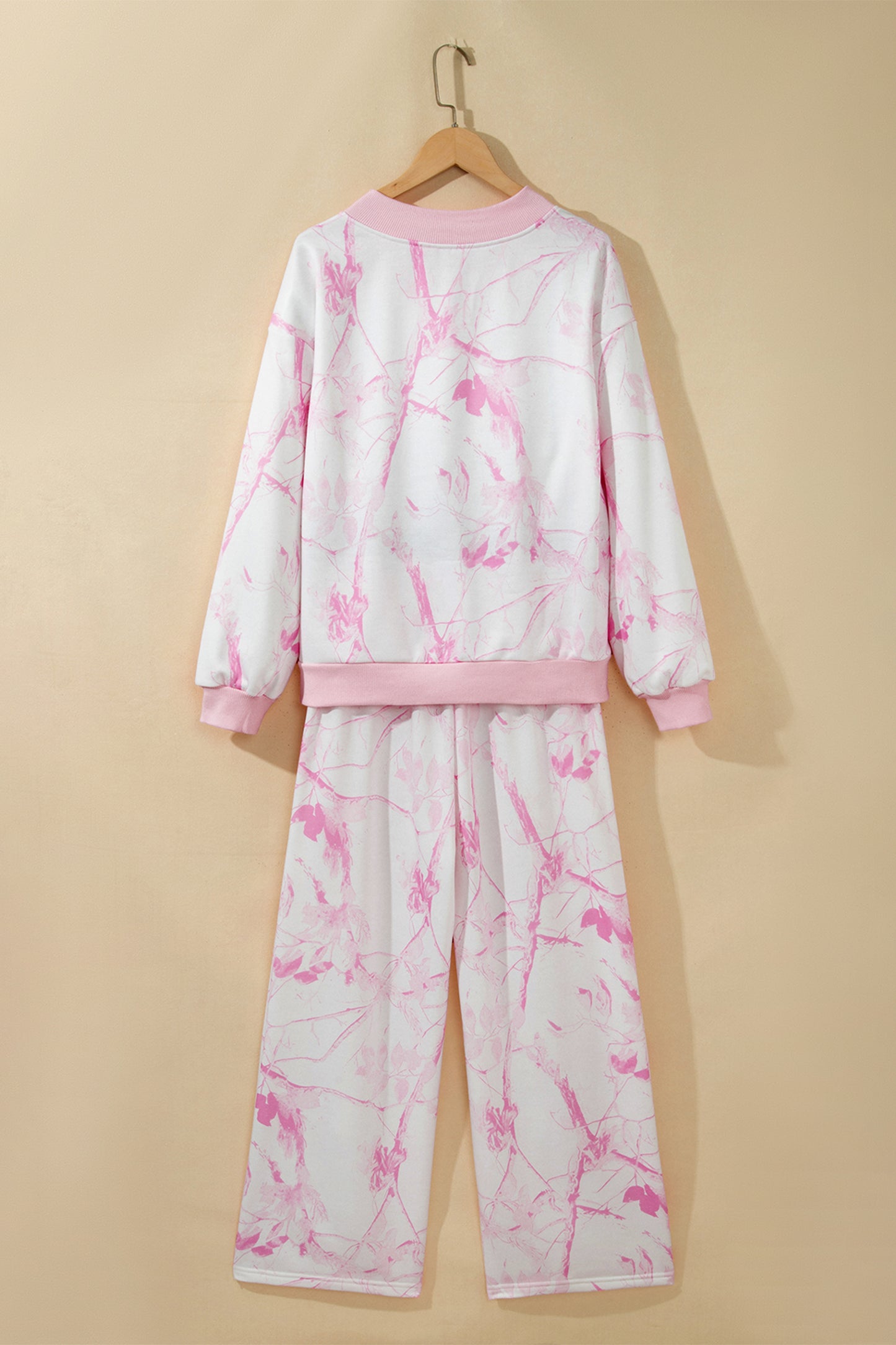 Pink Abstract Plant Print Long Sleeve V Neck Pant Set