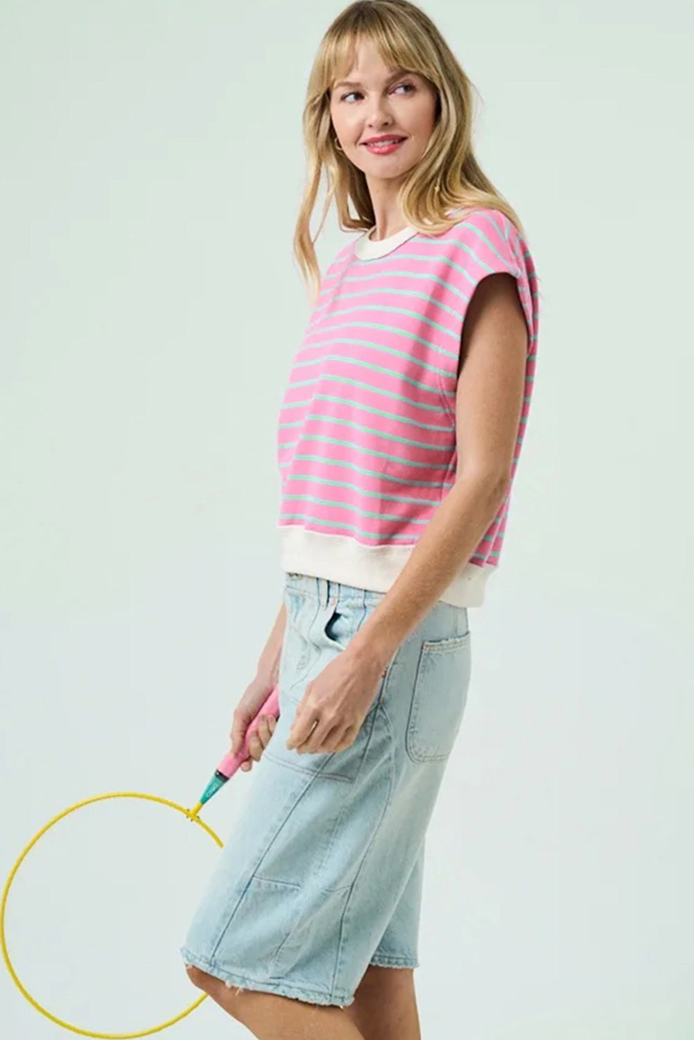Sachet Pink Striped Crew Neck Cap Sleeve T Shirt