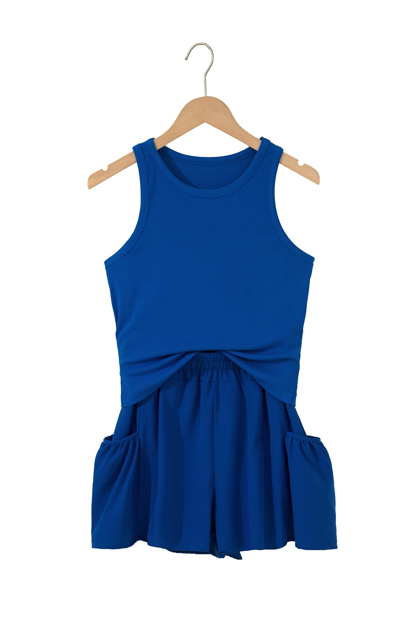 Mist Blue Ribbed Slim Tank Pocketed Wide Leg Shorts Set