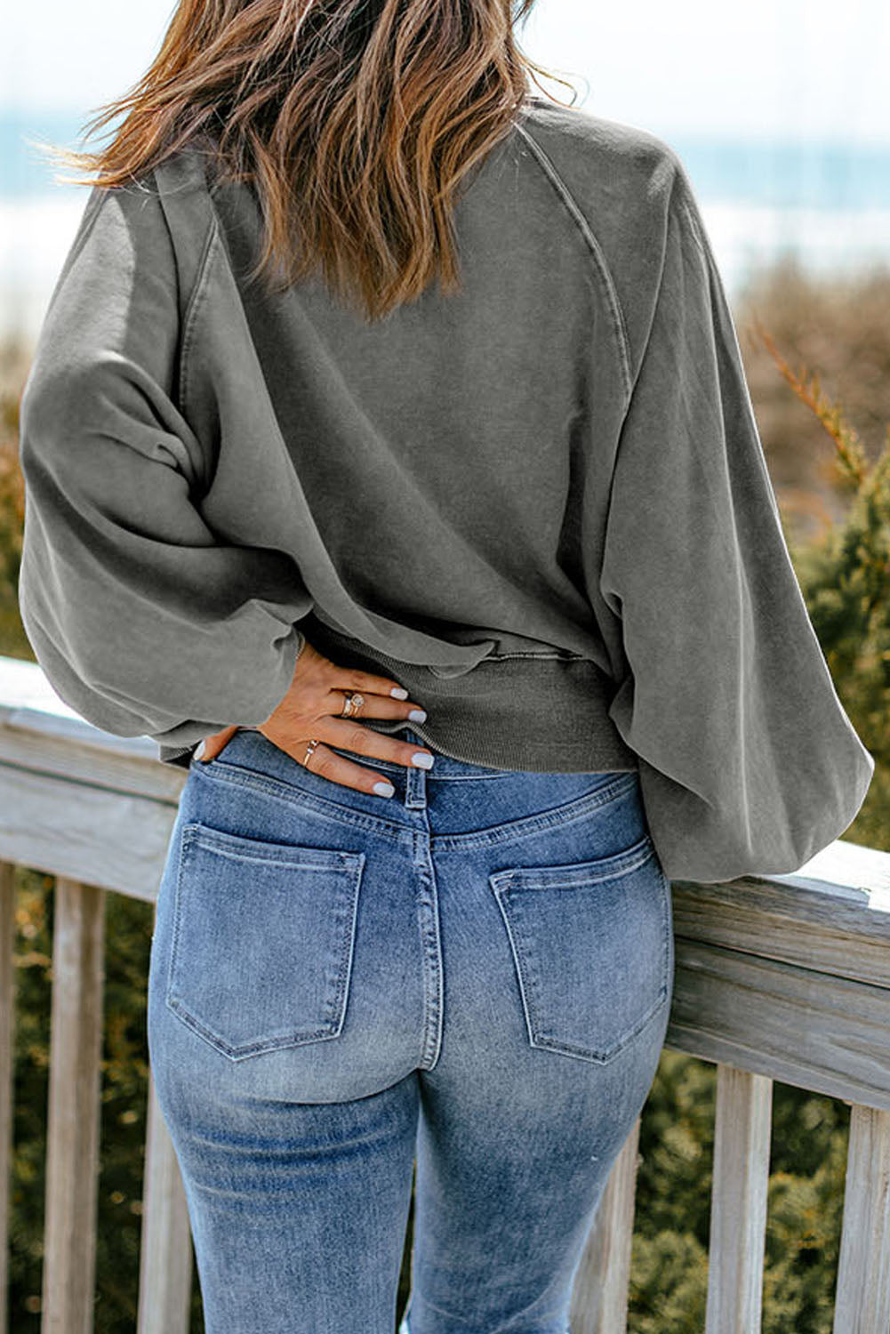 Blue Washed Snap Buttons Lantern Sleeve Pullover Sweatshirt