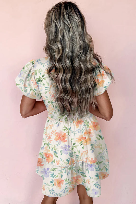 Beige Floral Print Shirred High Waist Puff Sleeve Mini Dress