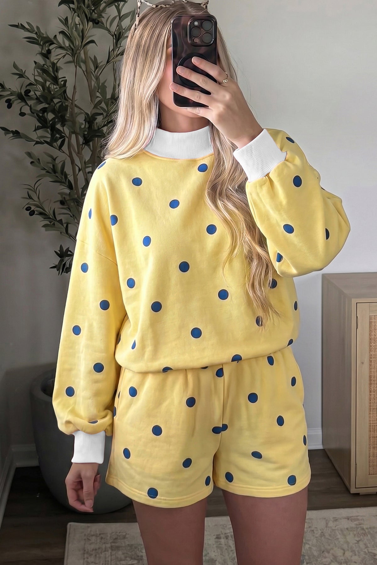Brown Polka Dot Ribbed Trim Long Sleeve Top Casual Short Set