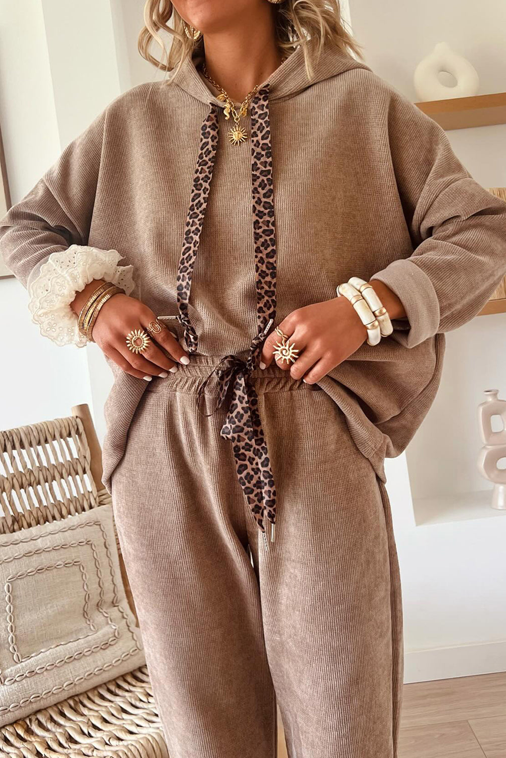 Parchment Leopard Drawstring Pullover Hoodie and High Waist Pants Corduroy Suit