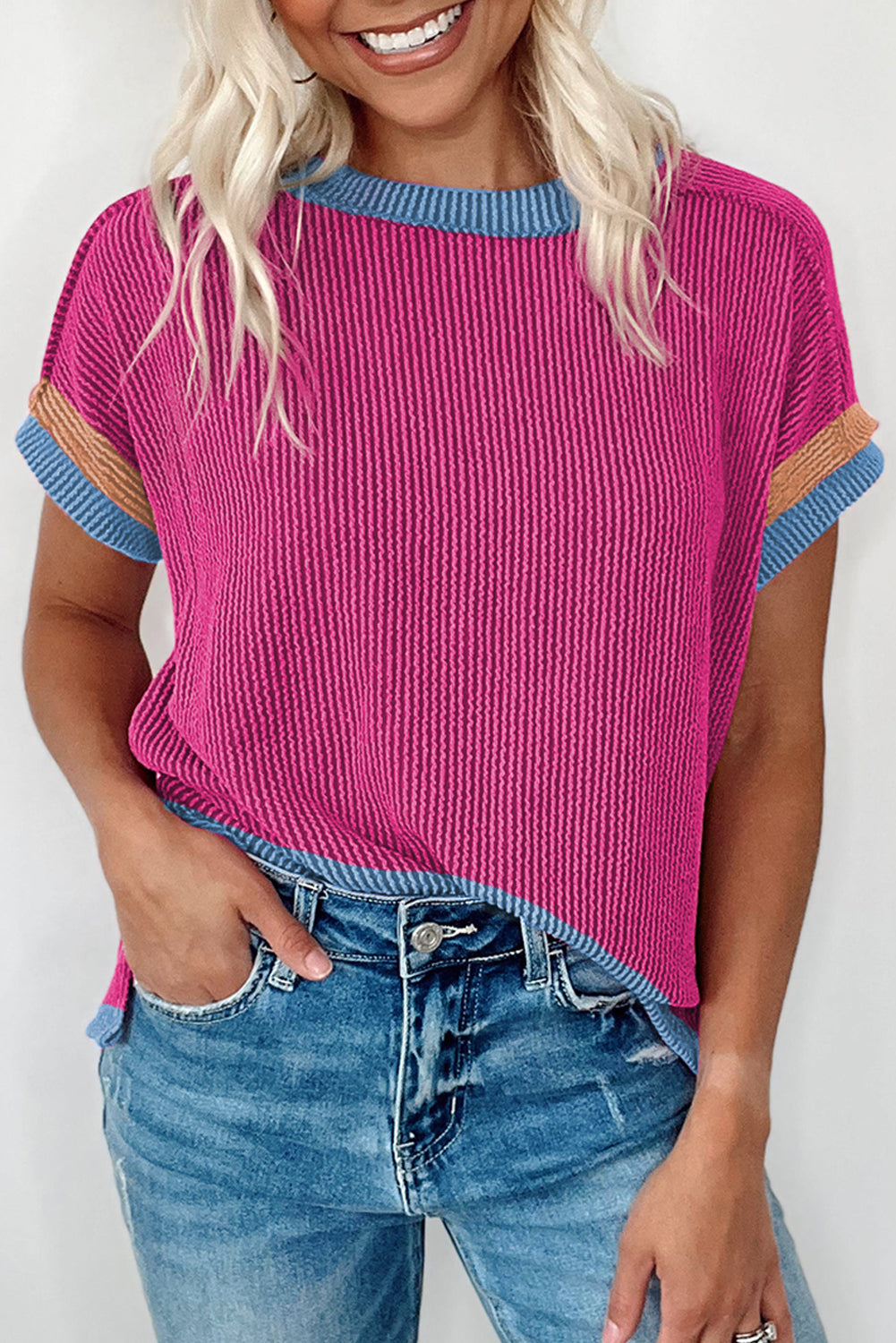 Sky Blue Textured Contrast Trim Round Neck T Shirt