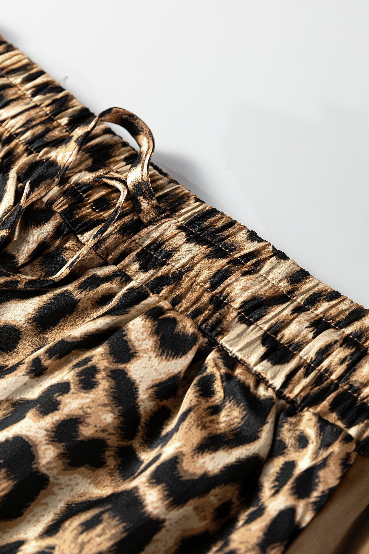 Brown Leopard Collared 3/4 Sleeve Shirt and Loose Pants Two Piece Outfit Set
