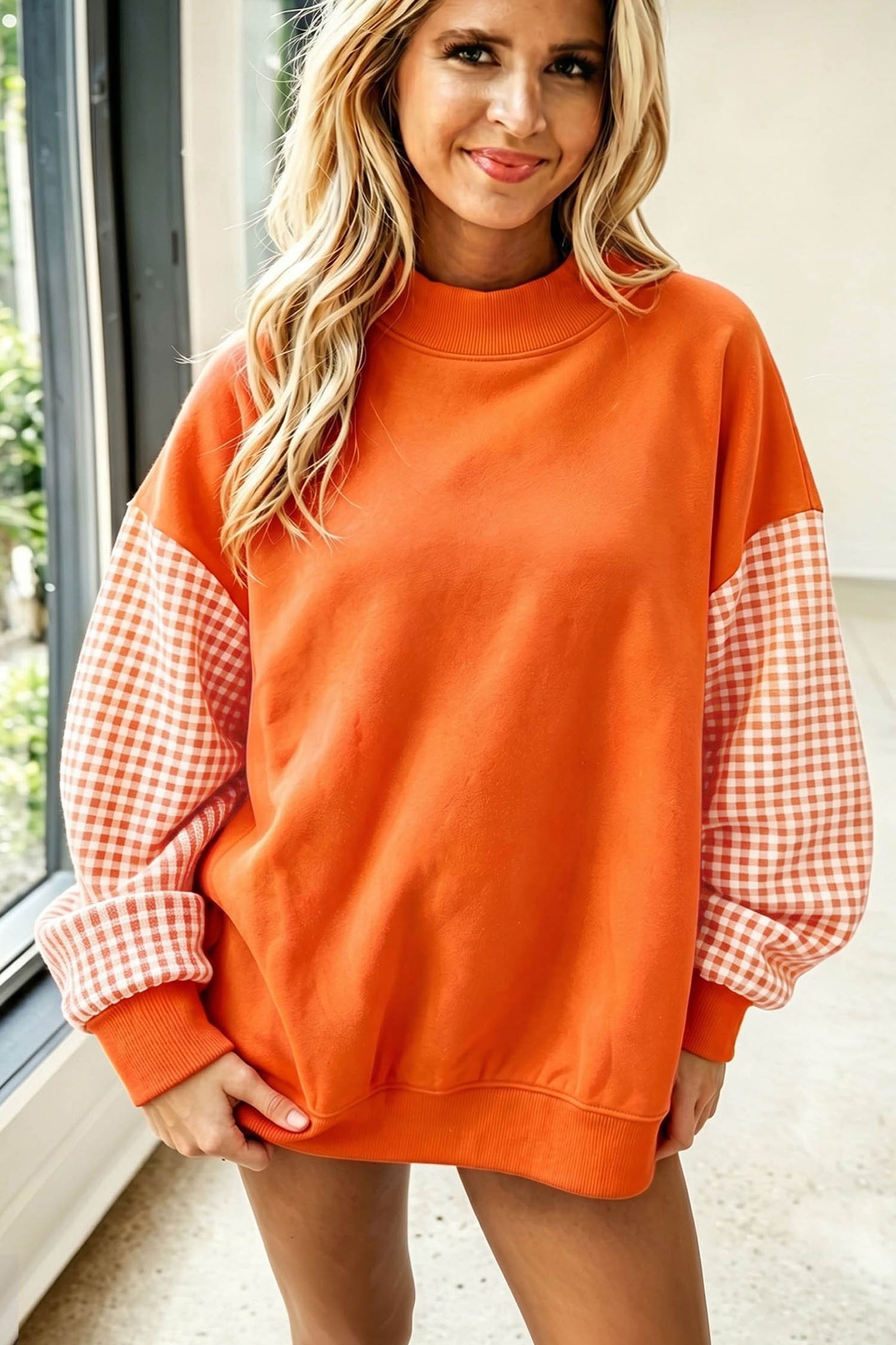 Pink Plaid Sleeve Colorblock Loose Tunic Sweatshirt