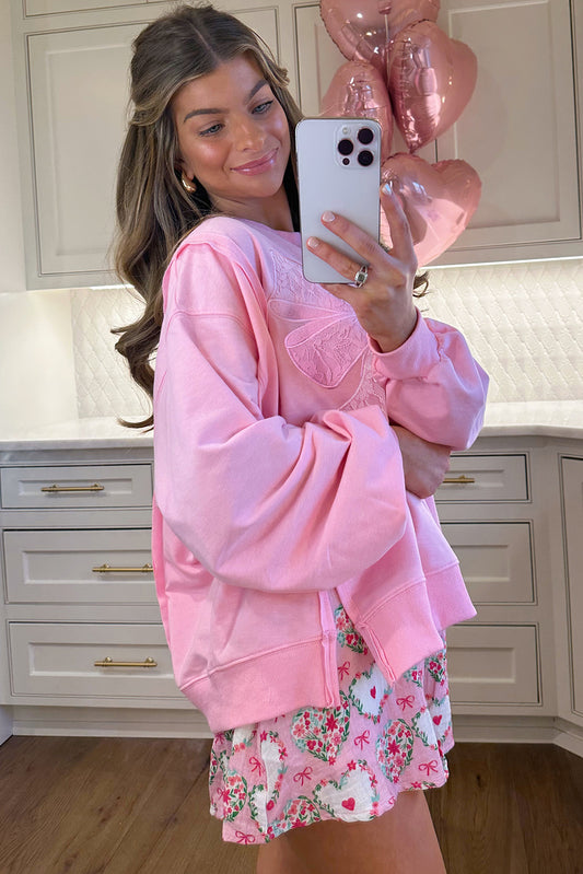 Bonbon Lace Insert Bow Embroidered Exposed Seam Sweatshirt