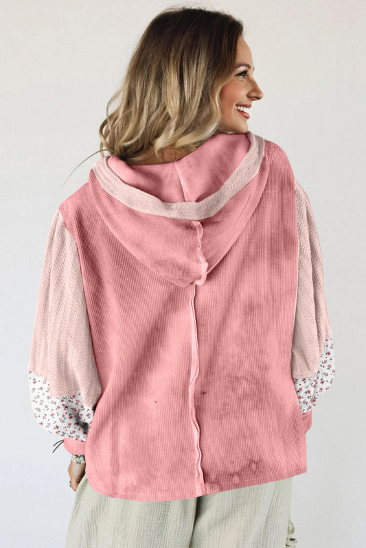 Pink Floral Patched Waffle Textured Colorblock V Neck Casual Hooded Top