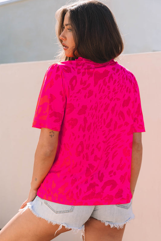 Rose Leopard Frilly V Neck Short Sleeve Blouse