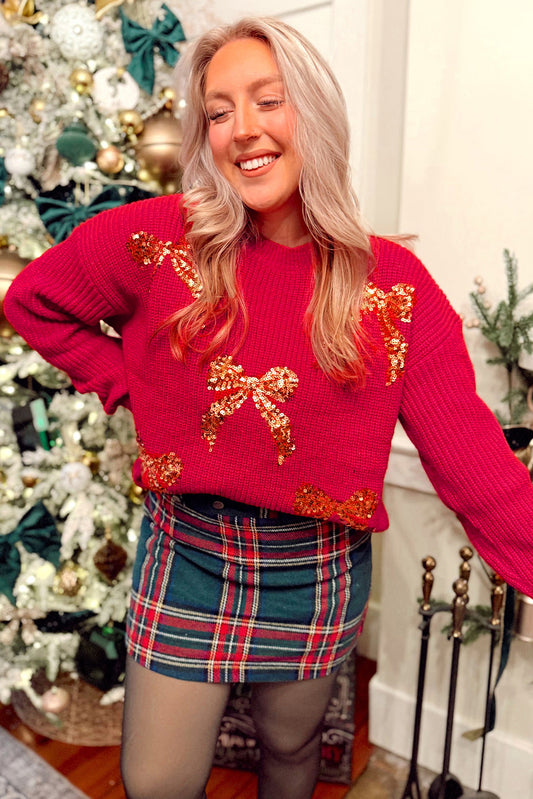 Fiery Red Sequin Bow Accent Drop Shoulder Festive Sweater