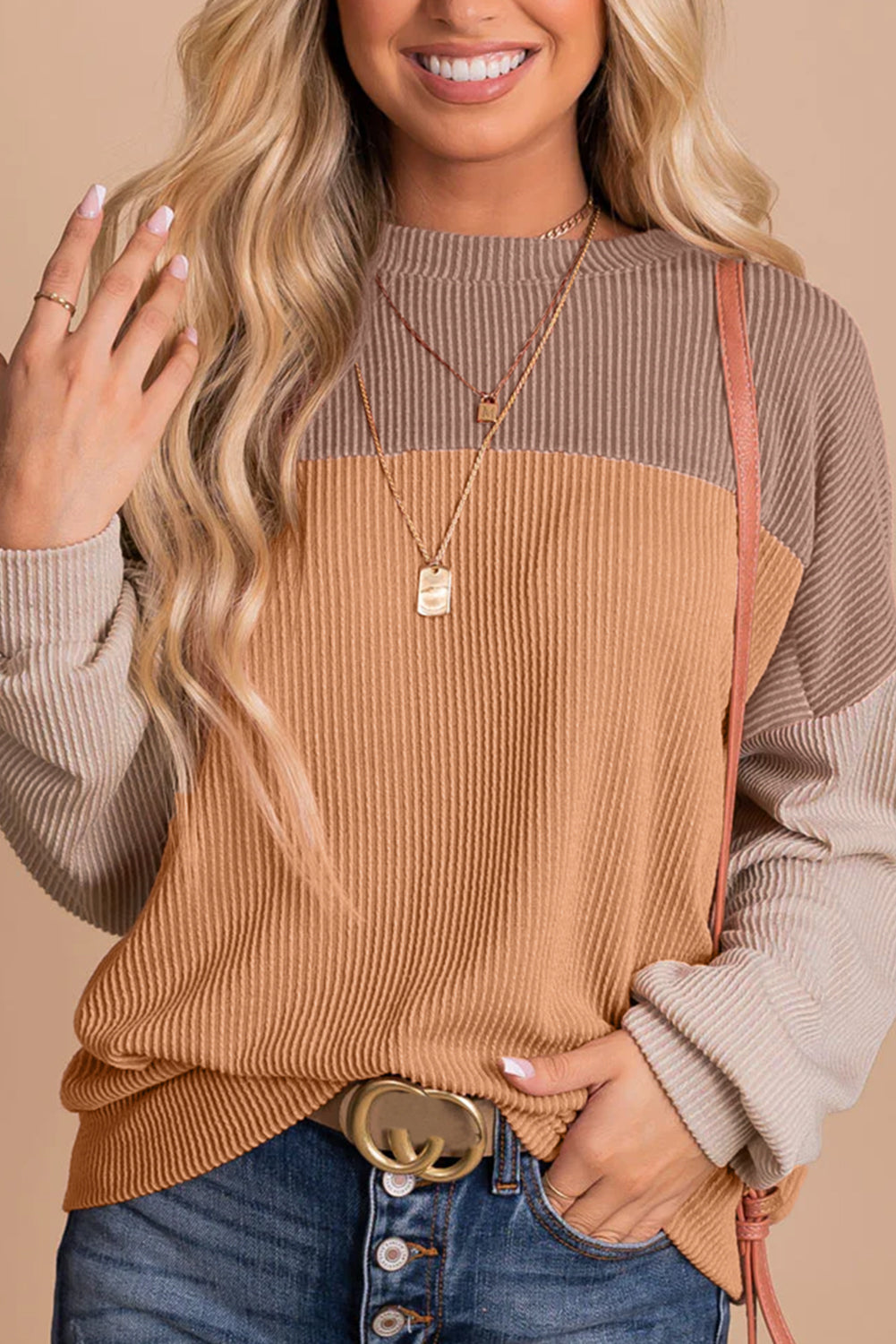 Multicolor Color Block Long Sleeve Ribbed Loose Top