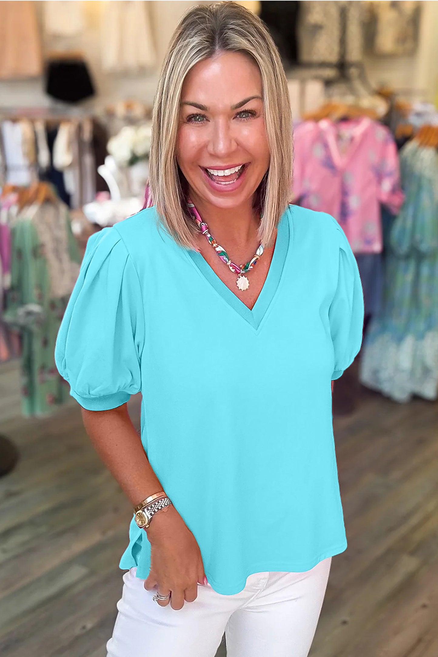 Yellow Solid Color V Neck Short Puff Sleeve Blouse