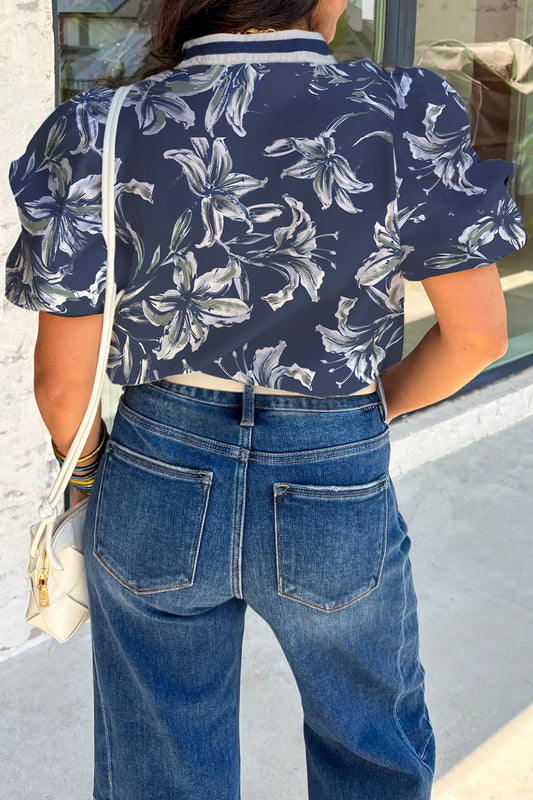 Blue Floral Print Short Puff Sleeve Striped Trim V Neck Blouse