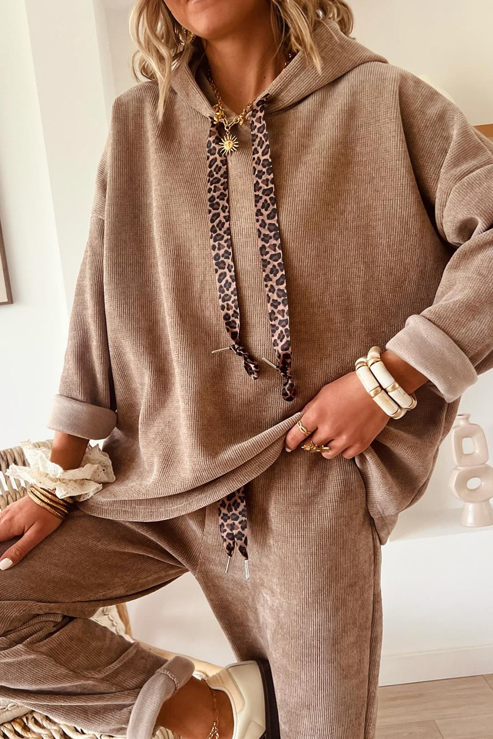 Parchment Leopard Drawstring Pullover Hoodie and High Waist Pants Corduroy Suit