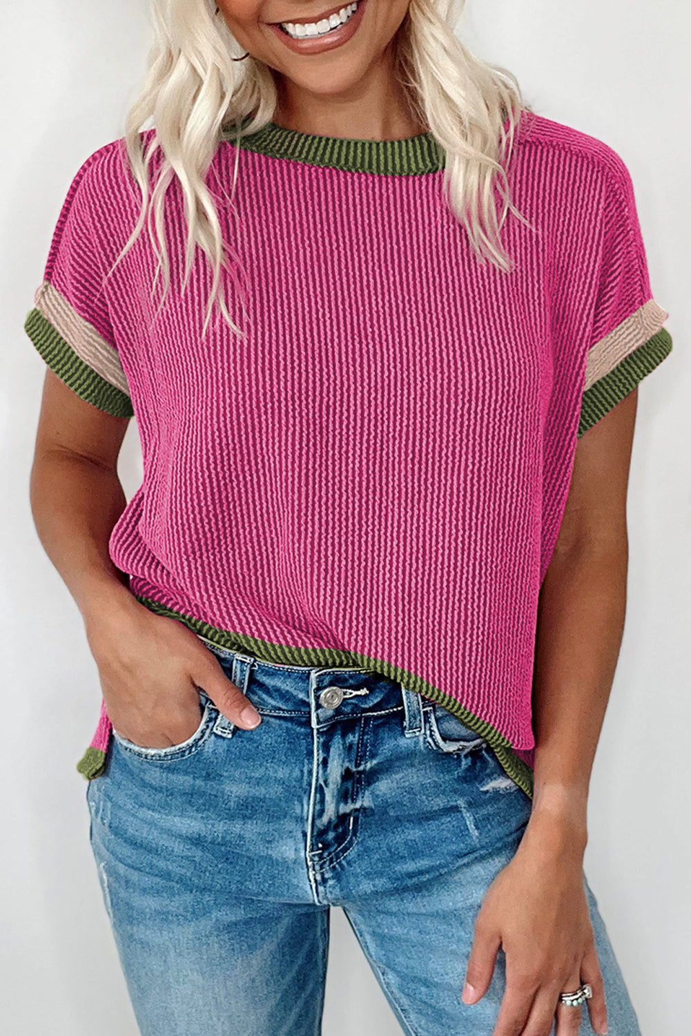 Sky Blue Textured Contrast Trim Round Neck T Shirt