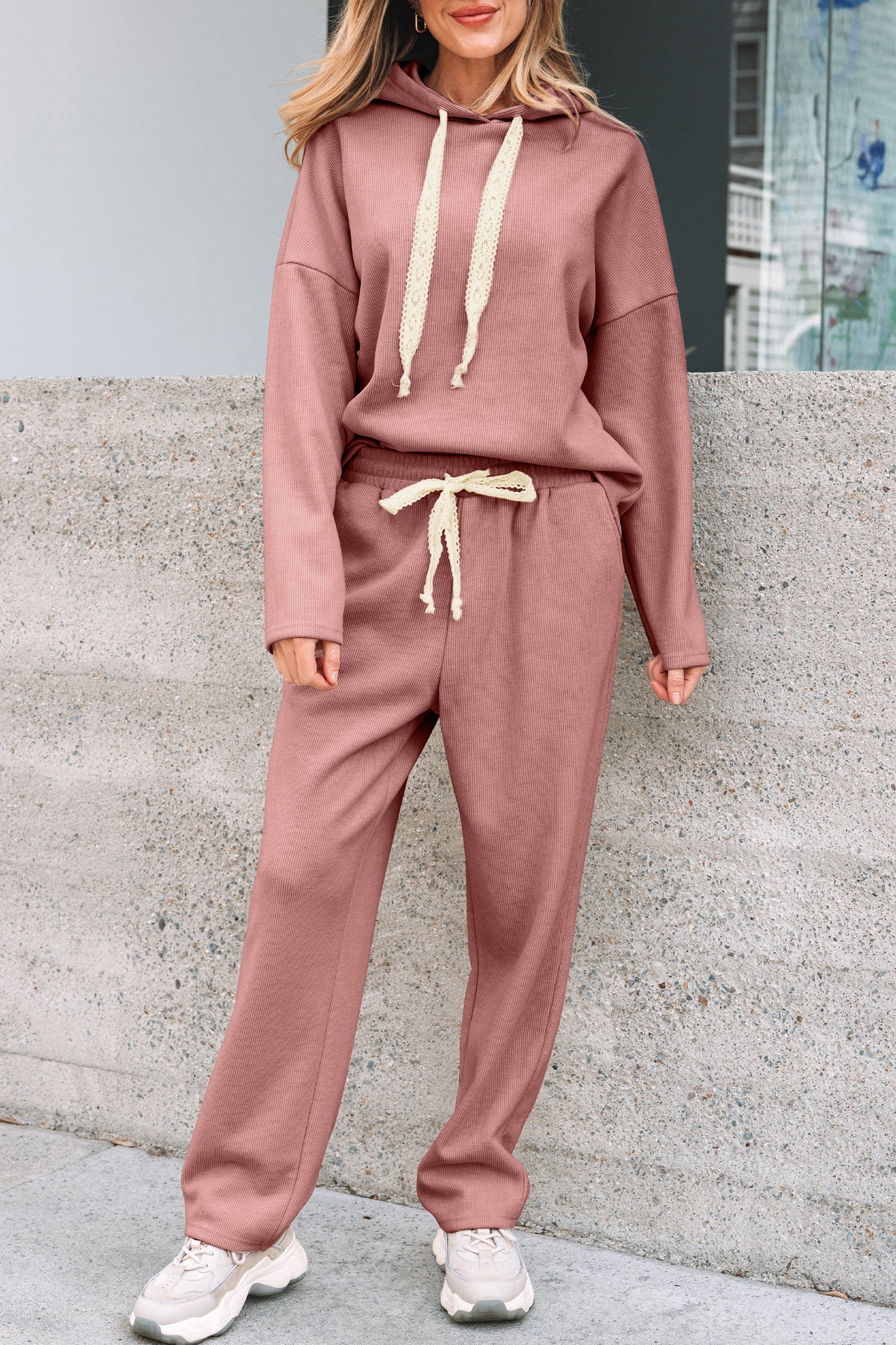 Parchment Leopard Drawstring Pullover Hoodie and High Waist Pants Corduroy Suit